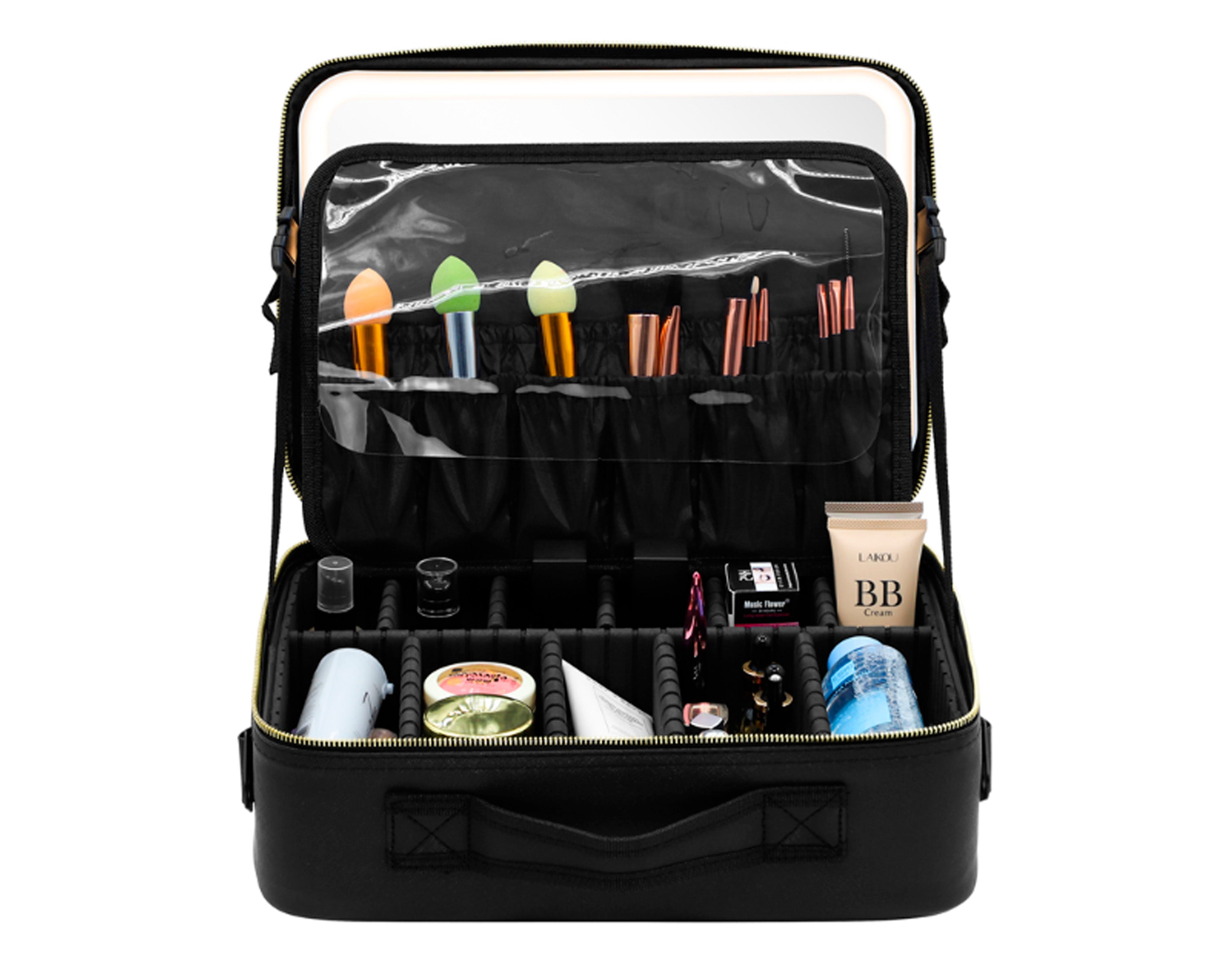 Maleta de maquillaje portable con espejo, luces y correa