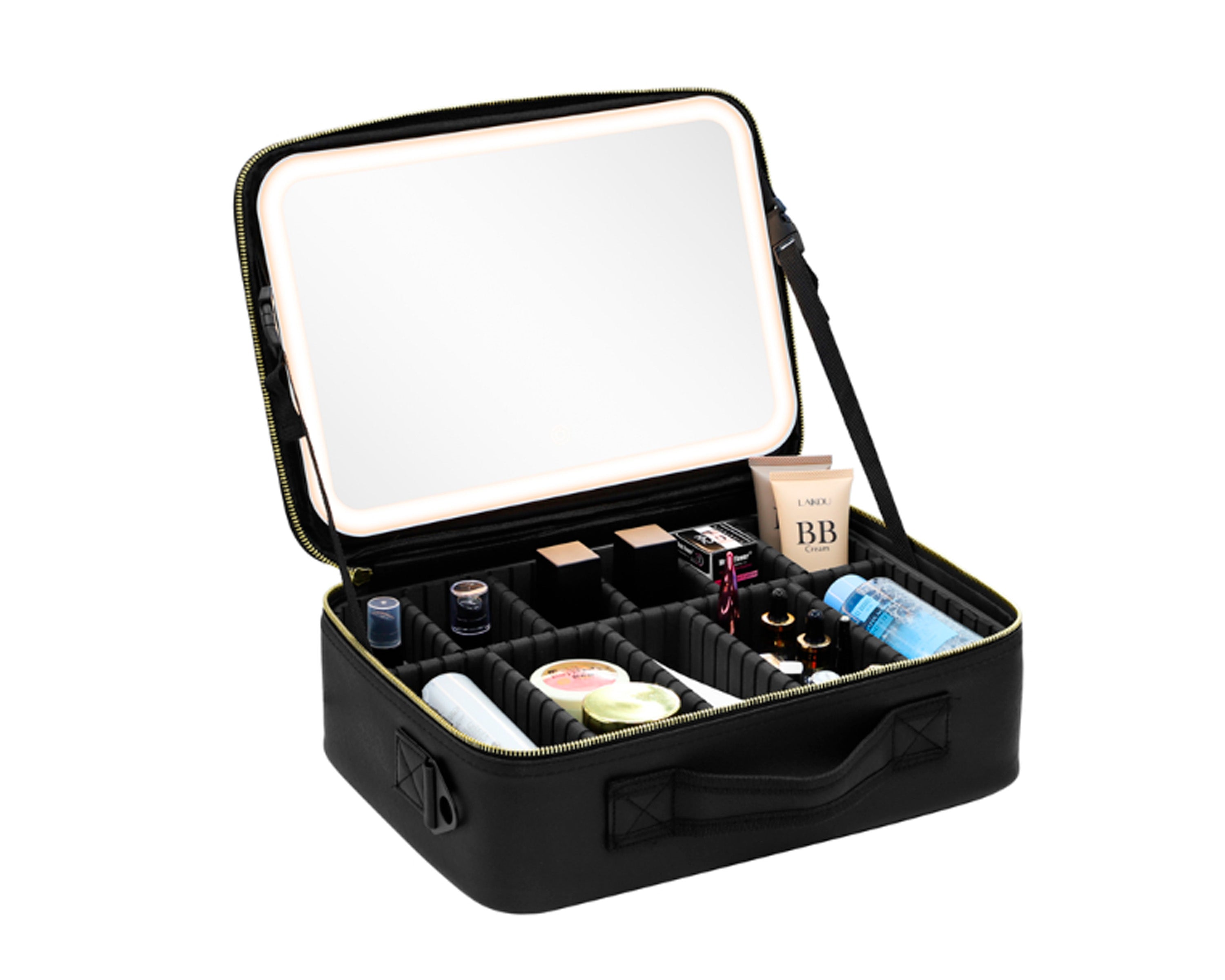 Maleta de maquillaje portable con espejo, luces y correa