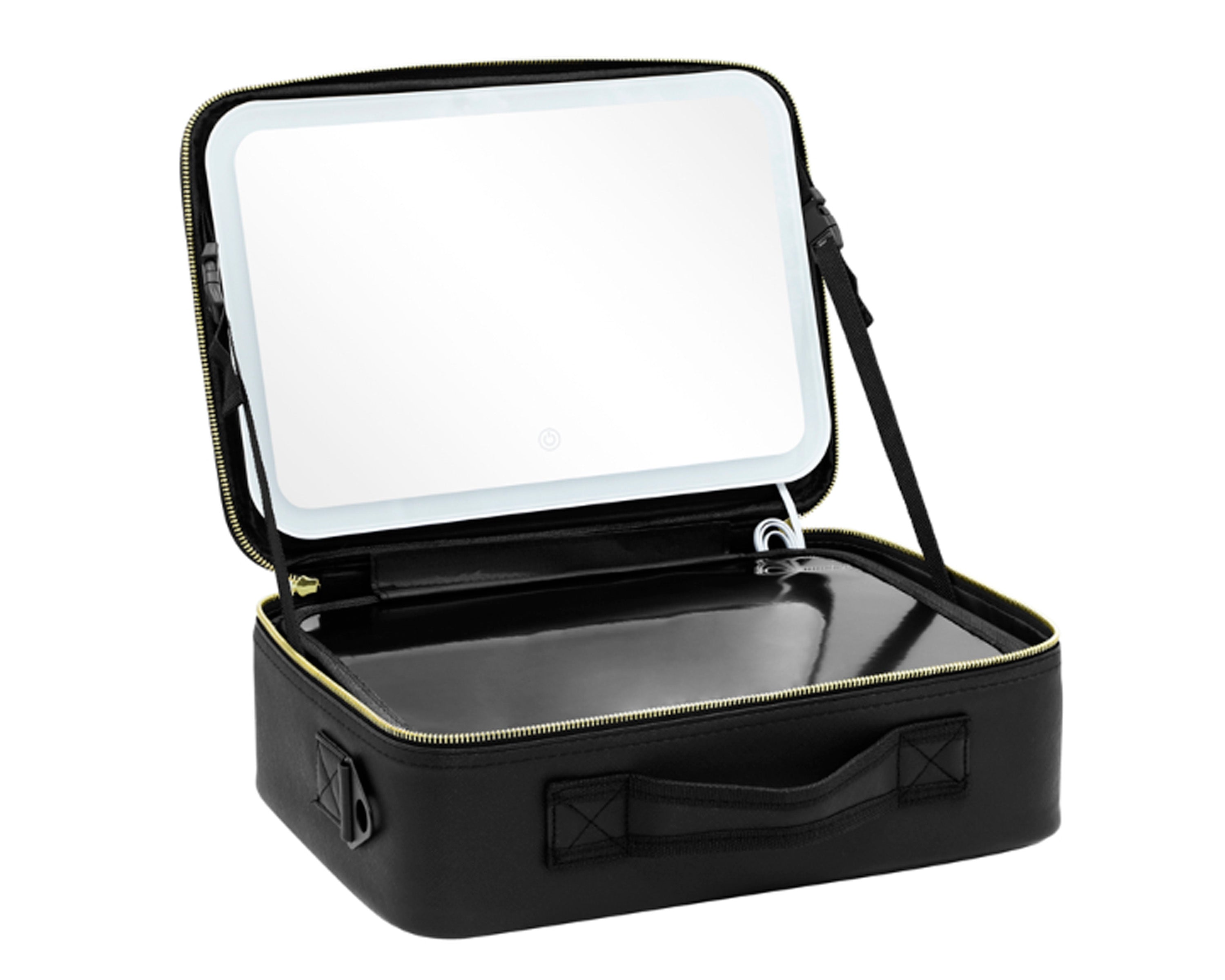 Maleta de maquillaje portable con espejo, luces y correa