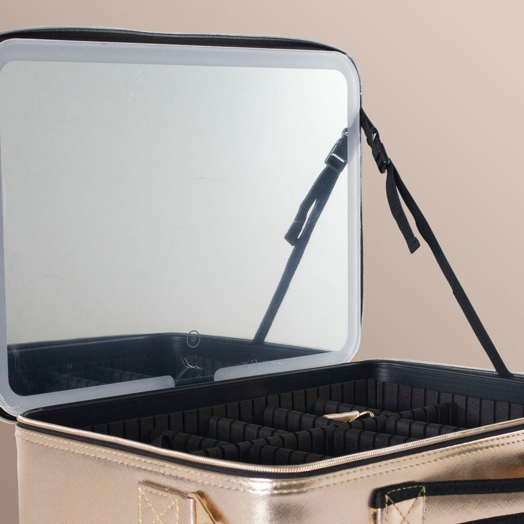 Maleta de maquillaje portable con espejo, luces y correa