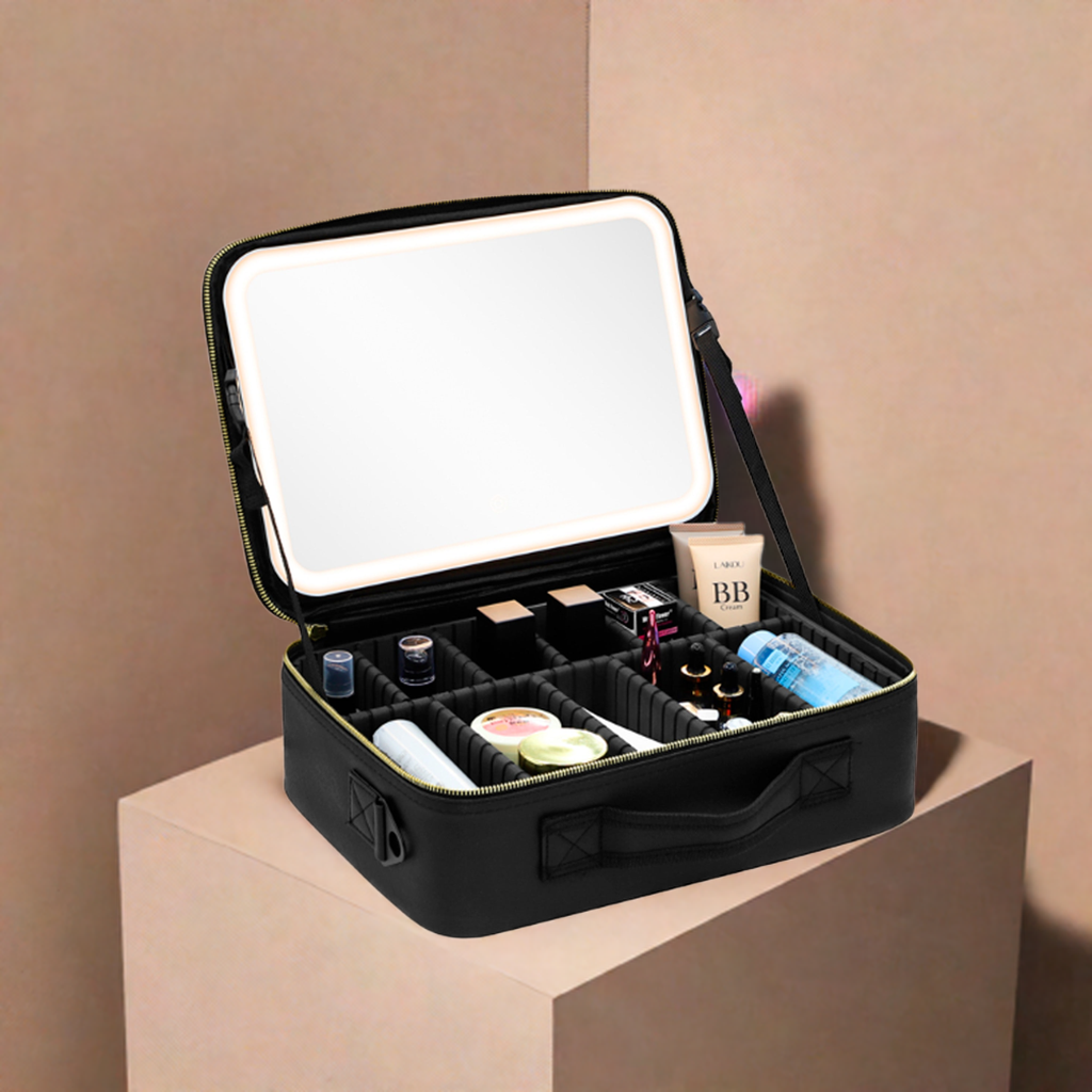 Maleta de maquillaje portable con espejo, luces y correa