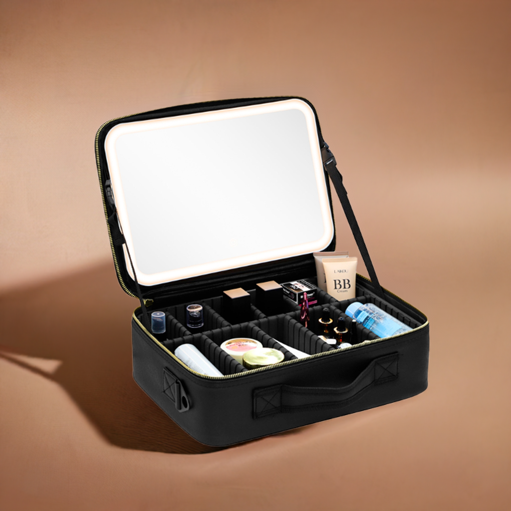 Maleta de maquillaje portable con espejo, luces y correa